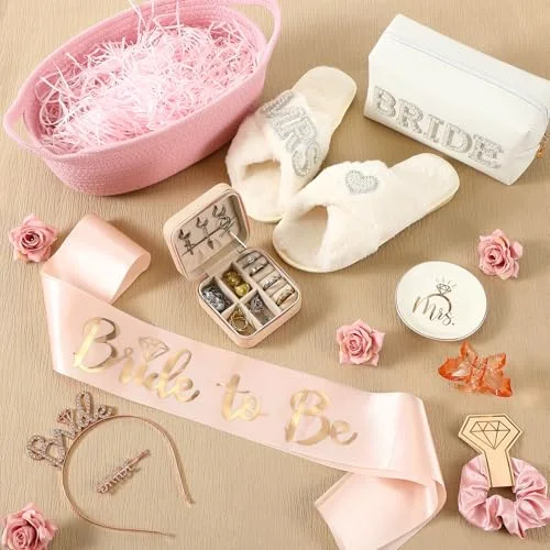 Bride to Be Gift Basket for Bridal Shower, Bridal Box with Basket, Makeup Bag, Slippers, Headband, Sash, Mrs Ring Dish, Jewelry Box and More for Wedding Engagement Gift() view 5