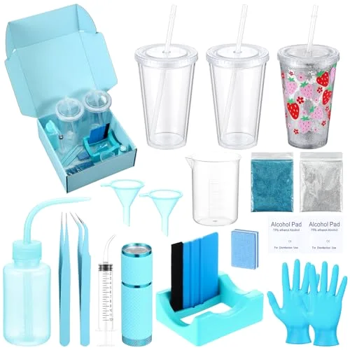 Snow Globe Tumbler DIY Kit Tumbler Squeeze Bottle, Glitter, Funnel Tweezer Silicone Cup Cradle Measuring Cup Glove Flashlight Buffer for Beginner(,Cute)
