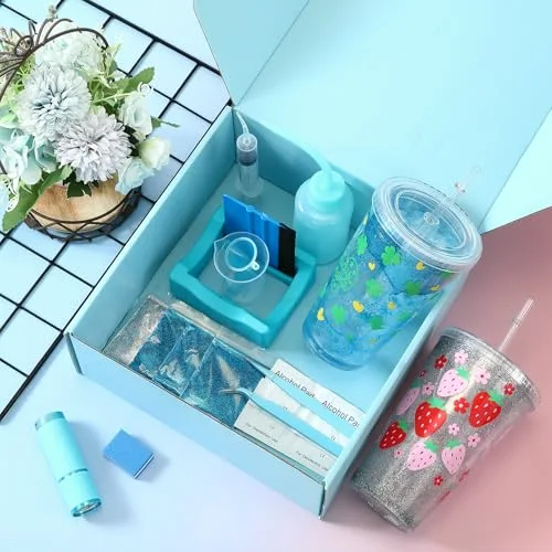 Snow Globe Tumbler DIY Kit Tumbler Squeeze Bottle, Glitter, Funnel Tweezer Silicone Cup Cradle Measuring Cup Glove Flashlight Buffer for Beginner(,Cute) view 3