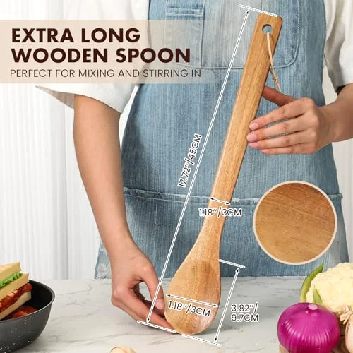 18 Inches Extra Long Wooden Spoons Large Non-stick Kitchen Wooden Spoons Giant Heavy Duty Stir Paddle for Cooking Mixing Stirring Heat Resistant Cooking Tool Chef Mom Gifts (Teak) view 8