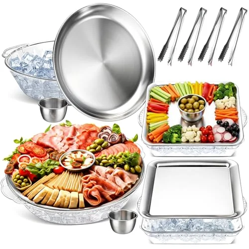 11.8" + 9" Chilled Serving Tray for Parties with Compartments Ice Chilled Party Platter Charcuterie Serving Board Dipping Bowls with Tongs for Fruit Seafood Vegetable ()