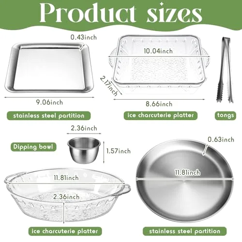 11.8" + 9" Chilled Serving Tray for Parties with Compartments Ice Chilled Party Platter Charcuterie Serving Board Dipping Bowls with Tongs for Fruit Seafood Vegetable () view 2