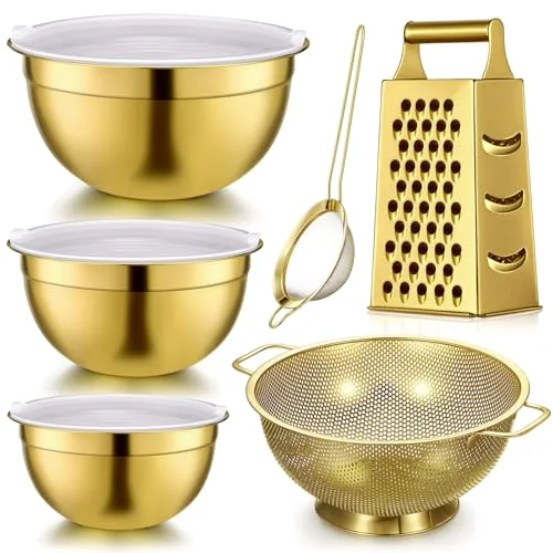 Kitchen Accessories Set Includes 3 Mixing Bowls with Airtight Lids Stainless Steel Colander Grater Slicer and Fine Mesh Strainer (Mixing Bowls: 3.7/5/7 Qt, Colander: 5 Qt)