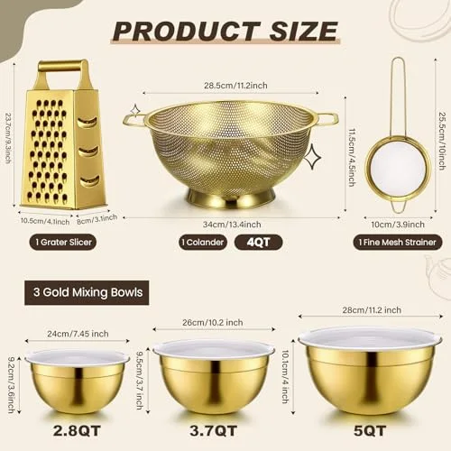 Kitchen Accessories Set Includes 3 Mixing Bowls with Airtight Lids Stainless Steel Colander Grater Slicer and Fine Mesh Strainer (Mixing Bowls: 3.7/5/7 Qt, Colander: 5 Qt) view 2