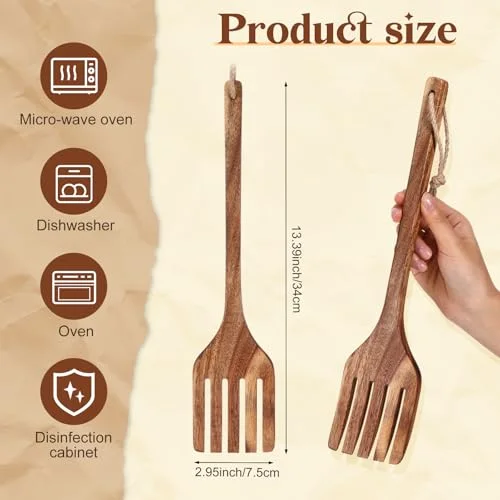 13 Inches Acacia Wooden Forks for Cooking Kitchen Baking Tool Five Tines Long Handle Wood Fork for Home Restaurant Kitchen Salad Pasta Grill Tasting Utensils view 3