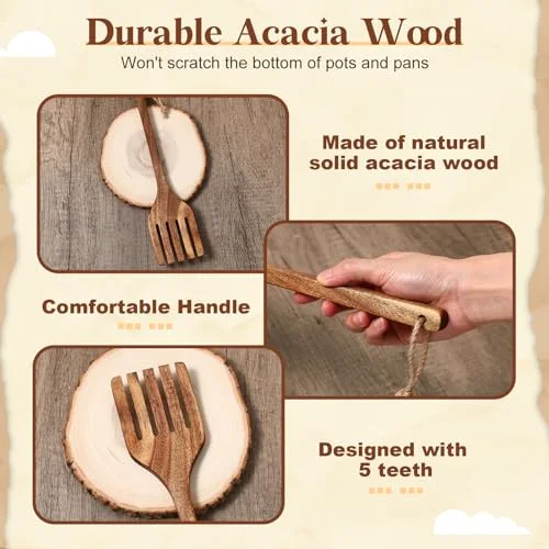 13 Inches Acacia Wooden Forks for Cooking Kitchen Baking Tool Five Tines Long Handle Wood Fork for Home Restaurant Kitchen Salad Pasta Grill Tasting Utensils view 4