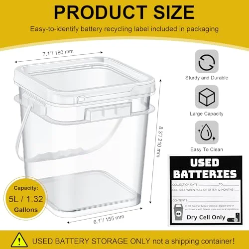 Battery Recycling Disposal Container with Label, Transparent view 7