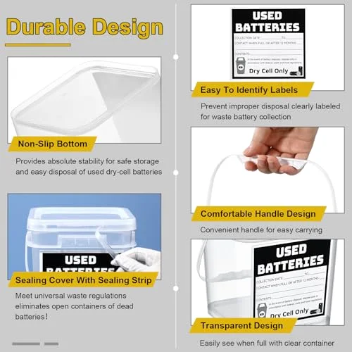 Battery Recycling Disposal Container with Label, Transparent view 8