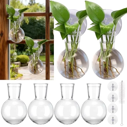 Window Propagation Stations Plastic Wall Hanging Planter with Suction Cups Brush Window Suction Plant Holder Vases Tubes Terrarium for Home Office Decor (Bulb)