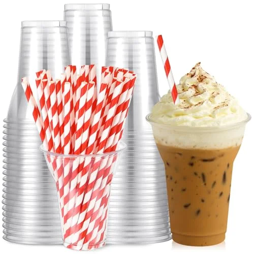 Plastic Parfait Cups with Paper Straws Disposable Root Beer Float Cups Sunda Ice Cream Glasses for Yogurt Milk Shake Party Drinks ()