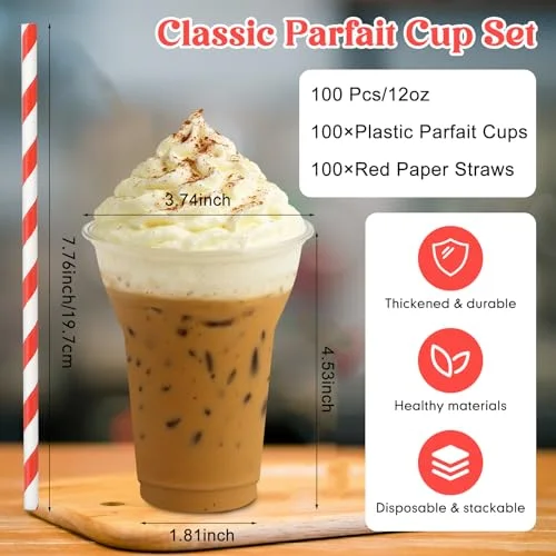 Plastic Parfait Cups with Paper Straws Disposable Root Beer Float Cups Sunda Ice Cream Glasses for Yogurt Milk Shake Party Drinks () view 3
