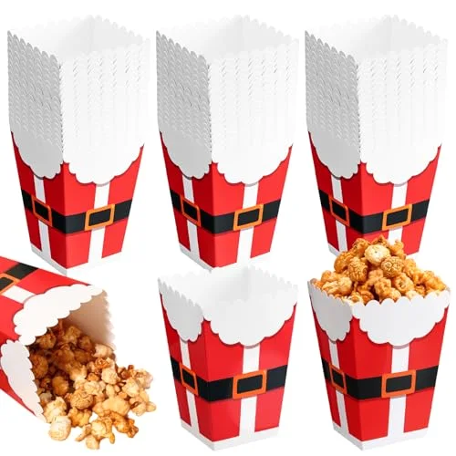 Christmas Popcorn Boxes Mini Xmas Treating Candy Cookie Treat Box Snowman Santa Snowflake Paper Popcorn for Movie Night Christmas Party Decorations, 4 Design (Santa Style)