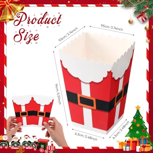 Christmas Popcorn Boxes Mini Xmas Treating Candy Cookie Treat Box Snowman Santa Snowflake Paper Popcorn for Movie Night Christmas Party Decorations, 4 Design (Santa Style) view 2