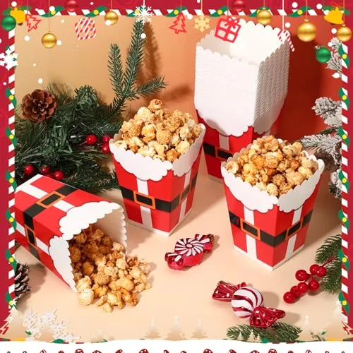 Christmas Popcorn Boxes Mini Xmas Treating Candy Cookie Treat Box Snowman Santa Snowflake Paper Popcorn for Movie Night Christmas Party Decorations, 4 Design (Santa Style) view 4