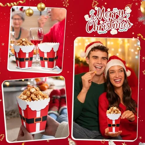 Christmas Popcorn Boxes Mini Xmas Treating Candy Cookie Treat Box Snowman Santa Snowflake Paper Popcorn for Movie Night Christmas Party Decorations, 4 Design (Santa Style) view 5