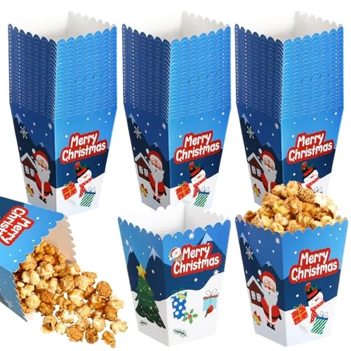 Christmas Popcorn Boxes Mini Xmas Treating Candy Cookie Treat Box Snowman Santa Snowflake Paper Popcorn for Movie Night Christmas Party Decorations, 4 Design (Santa Style) view 6