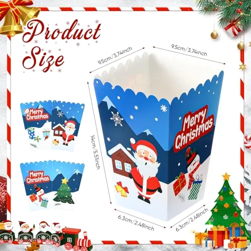 Christmas Popcorn Boxes Mini Xmas Treating Candy Cookie Treat Box Snowman Santa Snowflake Paper Popcorn for Movie Night Christmas Party Decorations, 4 Design (Santa Style) view 7