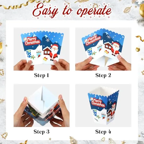 Christmas Popcorn Boxes Mini Xmas Treating Candy Cookie Treat Box Snowman Santa Snowflake Paper Popcorn for Movie Night Christmas Party Decorations, 4 Design (Santa Style) view 8
