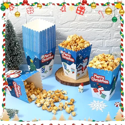 Christmas Popcorn Boxes Mini Xmas Treating Candy Cookie Treat Box Snowman Santa Snowflake Paper Popcorn for Movie Night Christmas Party Decorations, 4 Design (Santa Style) view 9