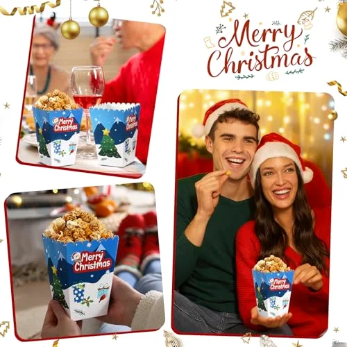 Christmas Popcorn Boxes Mini Xmas Treating Candy Cookie Treat Box Snowman Santa Snowflake Paper Popcorn for Movie Night Christmas Party Decorations, 4 Design (Santa Style) view 10
