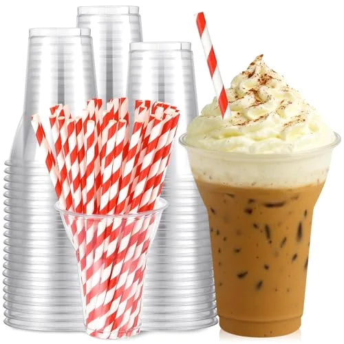 Plastic Parfait Cups with Paper Straws Disposable Root Beer Float Cups Sunda Ice Cream Glasses for Yogurt Milk Shake Party Drinks () view 6
