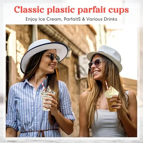 Plastic Parfait Cups with Paper Straws Disposable Root Beer Float Cups Sunda Ice Cream Glasses for Yogurt Milk Shake Party Drinks () view 10