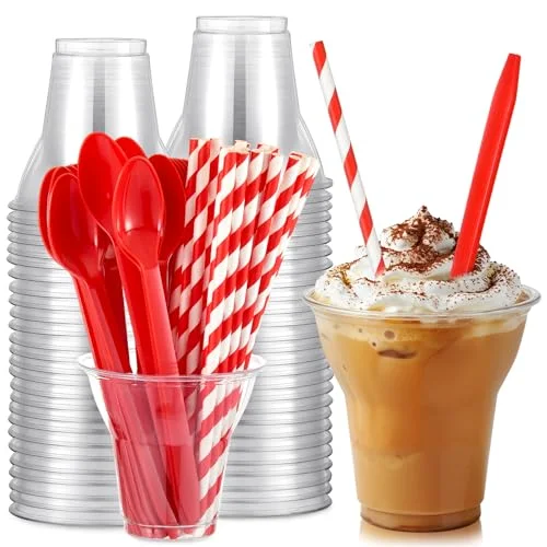 Plastic Parfait Cups with Plastic Soda Spoons and Paper Straws Disposable Root Beer Float Cups Milkshake Mugs for Ice Cream Sundae Yogurt Party Drinks ()