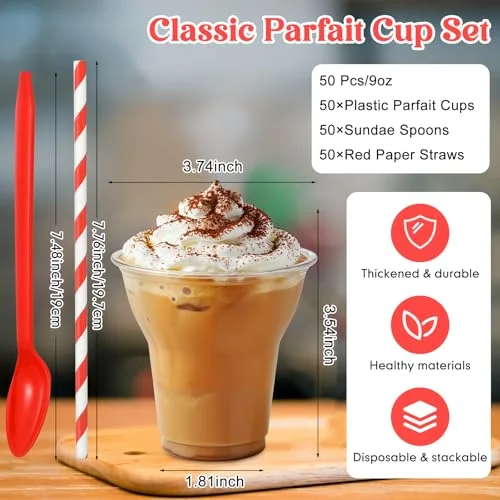 Plastic Parfait Cups with Plastic Soda Spoons and Paper Straws Disposable Root Beer Float Cups Milkshake Mugs for Ice Cream Sundae Yogurt Party Drinks () view 3