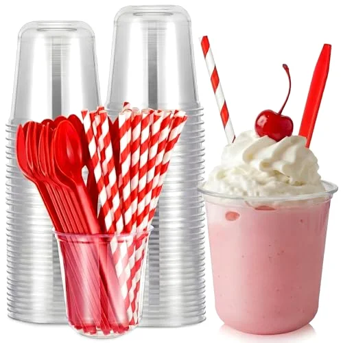 Root Beer Float Cups with Plastic Soda Spoons and Paper Straws Plastic Parfait Cups Disposable Stemless Glasses for Milkshake Ice Cream Cocktail Yogurt Party Drinks ()