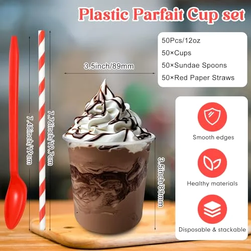 Root Beer Float Cups with Plastic Soda Spoons and Paper Straws Plastic Parfait Cups Disposable Stemless Glasses for Milkshake Ice Cream Cocktail Yogurt Party Drinks () view 3