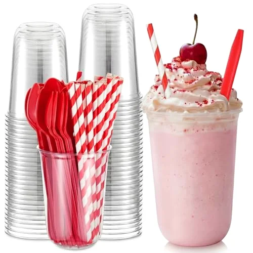 Root Beer Float Cups with Plastic Soda Spoons and Paper Straws Plastic Parfait Cups Disposable Stemless Glasses for Milkshake Ice Cream Cocktail Yogurt Party Drinks () view 6