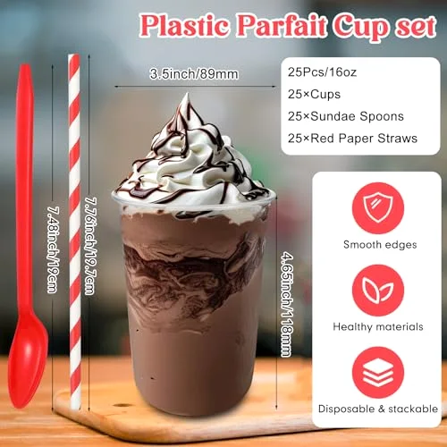 Root Beer Float Cups with Plastic Soda Spoons and Paper Straws Plastic Parfait Cups Disposable Stemless Glasses for Milkshake Ice Cream Cocktail Yogurt Party Drinks () view 8