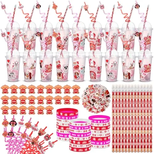 Dog Party Supplies Bulk Plastic Cup with Lids and Straw Heart Eraser Pencils Silicone Bracelets Dog Goodie Bag Fillers for Exchange Gift Birthday Supplies