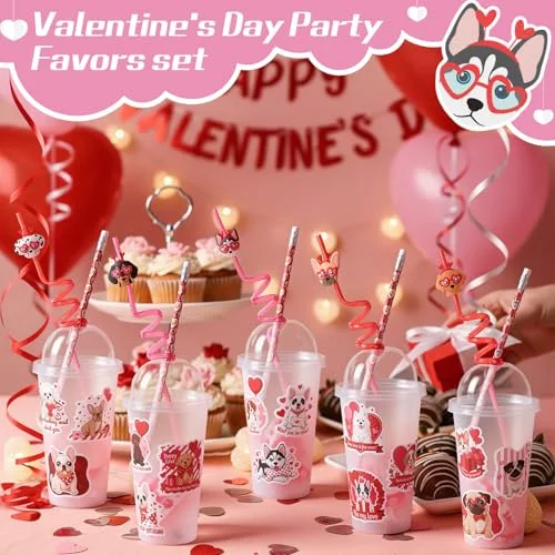 Dog Party Supplies Bulk Plastic Cup with Lids and Straw Heart Eraser Pencils Silicone Bracelets Dog Goodie Bag Fillers for Exchange Gift Birthday Supplies view 4