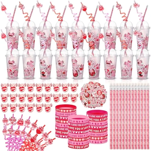 Axolotl Party Supplies Bulk Plastic Cup with Lids and Straw Heart Eraser Pencils Silicone Bracelets Axolotl Goodie Bag Fillers for Exchange Gift Birthday Supplies