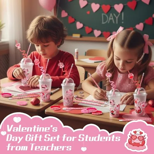 Axolotl Party Supplies Bulk Plastic Cup with Lids and Straw Heart Eraser Pencils Silicone Bracelets Axolotl Goodie Bag Fillers for Exchange Gift Birthday Supplies view 2
