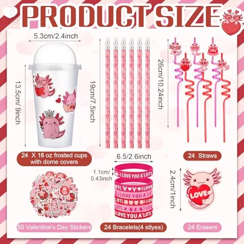 Axolotl Party Supplies Bulk Plastic Cup with Lids and Straw Heart Eraser Pencils Silicone Bracelets Axolotl Goodie Bag Fillers for Exchange Gift Birthday Supplies view 3