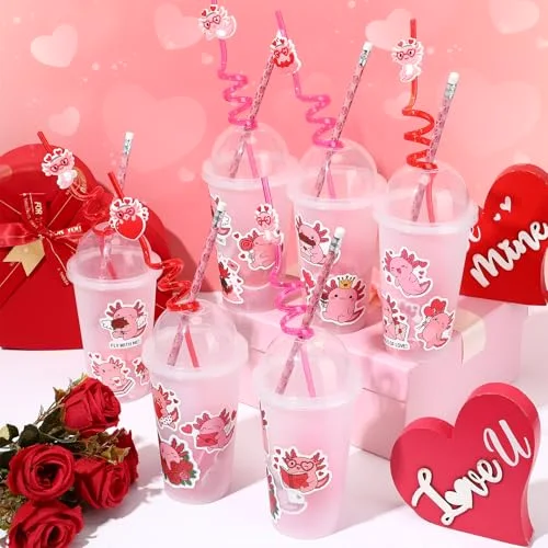 Axolotl Party Supplies Bulk Plastic Cup with Lids and Straw Heart Eraser Pencils Silicone Bracelets Axolotl Goodie Bag Fillers for Exchange Gift Birthday Supplies view 4