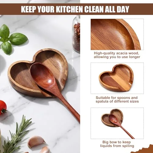 Heart Shaped Spoon Rest Acacia Wooden Spoon Rest Holder for Kitchen Counter Stove Top Utensils Gifts Women Mom Wedding Party view 4