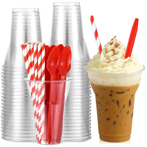Plastic Parfait Cups with Plastic Soda Spoons and Paper Straws Disposable Root Beer Float Cups Milkshake Mugs for Ice Cream Sundae Yogurt Party Drinks () view 6