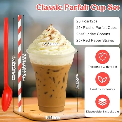 Plastic Parfait Cups with Plastic Soda Spoons and Paper Straws Disposable Root Beer Float Cups Milkshake Mugs for Ice Cream Sundae Yogurt Party Drinks () view 8
