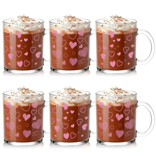 Valentine Glass Coffee Mugs with Handle Heart Glass Cups Love Women Ladies Gift for Galentines Valentines Day Party Supplies Wedding Birthday Home Decor ()