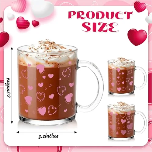 Valentine Glass Coffee Mugs with Handle Heart Glass Cups Love Women Ladies Gift for Galentines Valentines Day Party Supplies Wedding Birthday Home Decor () view 2