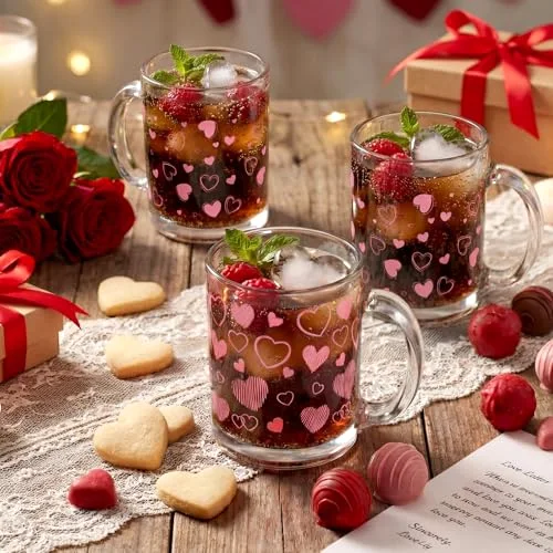 Valentine Glass Coffee Mugs with Handle Heart Glass Cups Love Women Ladies Gift for Galentines Valentines Day Party Supplies Wedding Birthday Home Decor () view 3