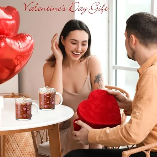 Valentine Glass Coffee Mugs with Handle Heart Glass Cups Love Women Ladies Gift for Galentines Valentines Day Party Supplies Wedding Birthday Home Decor () view 4