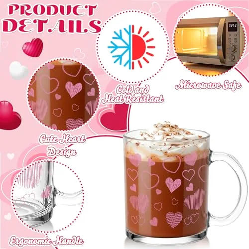 Valentine Glass Coffee Mugs with Handle Heart Glass Cups Love Women Ladies Gift for Galentines Valentines Day Party Supplies Wedding Birthday Home Decor () view 5