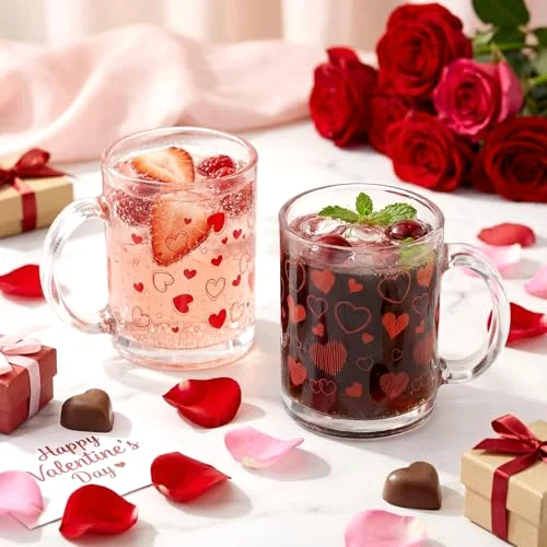 Valentine Glass Coffee Mugs with Handle Heart Glass Cups Love Women Ladies Gift for Galentines Valentines Day Party Supplies Wedding Birthday Home Decor () view 6