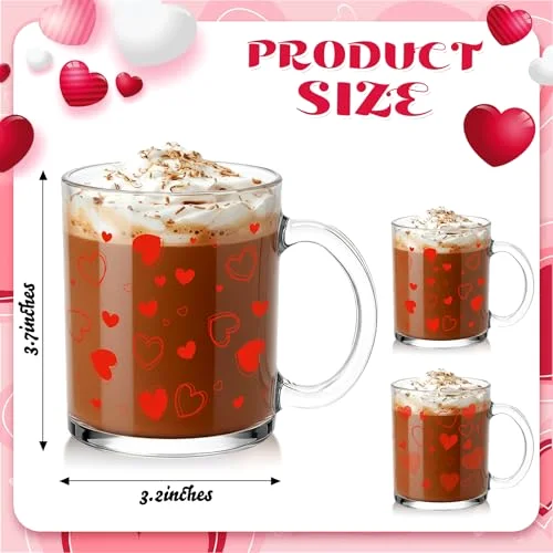Valentine Glass Coffee Mugs with Handle Heart Glass Cups Love Women Ladies Gift for Galentines Valentines Day Party Supplies Wedding Birthday Home Decor () view 7