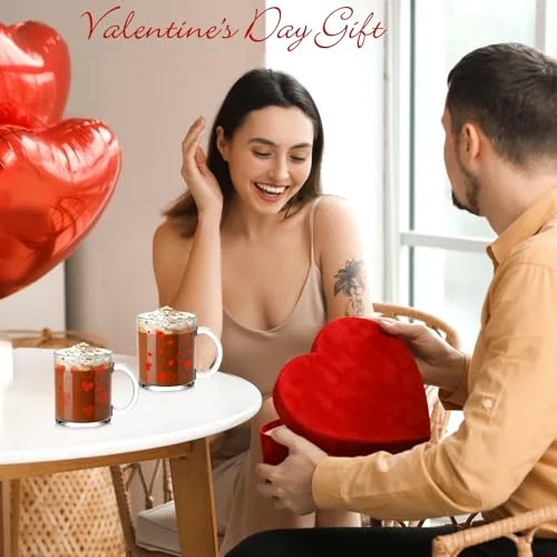 Valentine Glass Coffee Mugs with Handle Heart Glass Cups Love Women Ladies Gift for Galentines Valentines Day Party Supplies Wedding Birthday Home Decor () view 9