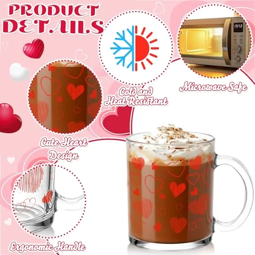 Valentine Glass Coffee Mugs with Handle Heart Glass Cups Love Women Ladies Gift for Galentines Valentines Day Party Supplies Wedding Birthday Home Decor () view 10